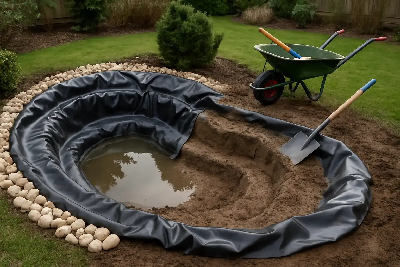 Wykop pod oczko wodne zabezpieczony folią w ogrodzie