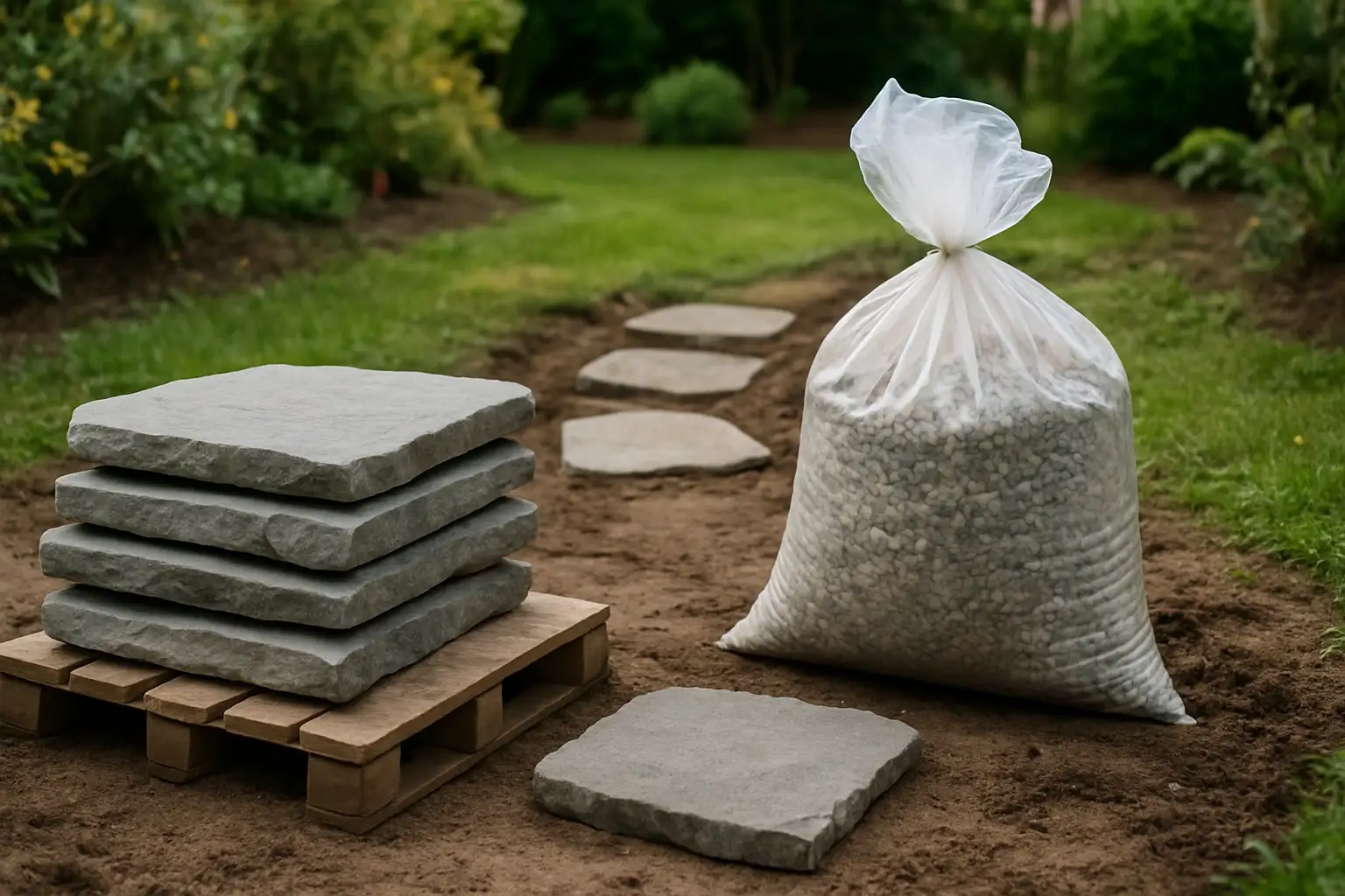Materiały do budowy ścieżki ogrodowej: kamienne płyty i worek z kruszywem