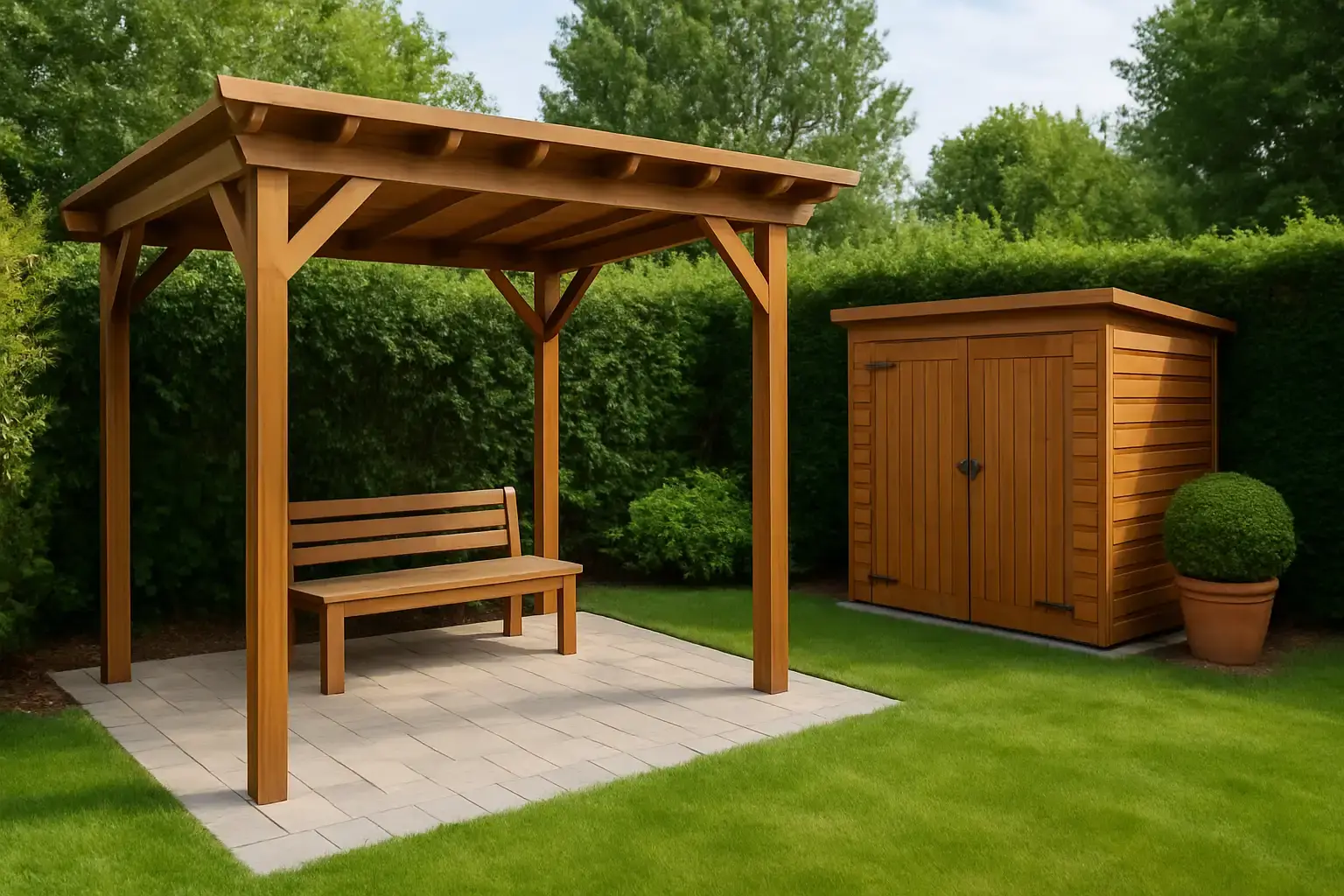Gotowa pergola z ławką i domkiem narzędziowym w ogrodzie