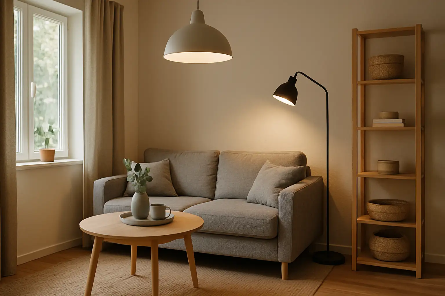 Lampa podłogowa i sufitowa w małym salonie