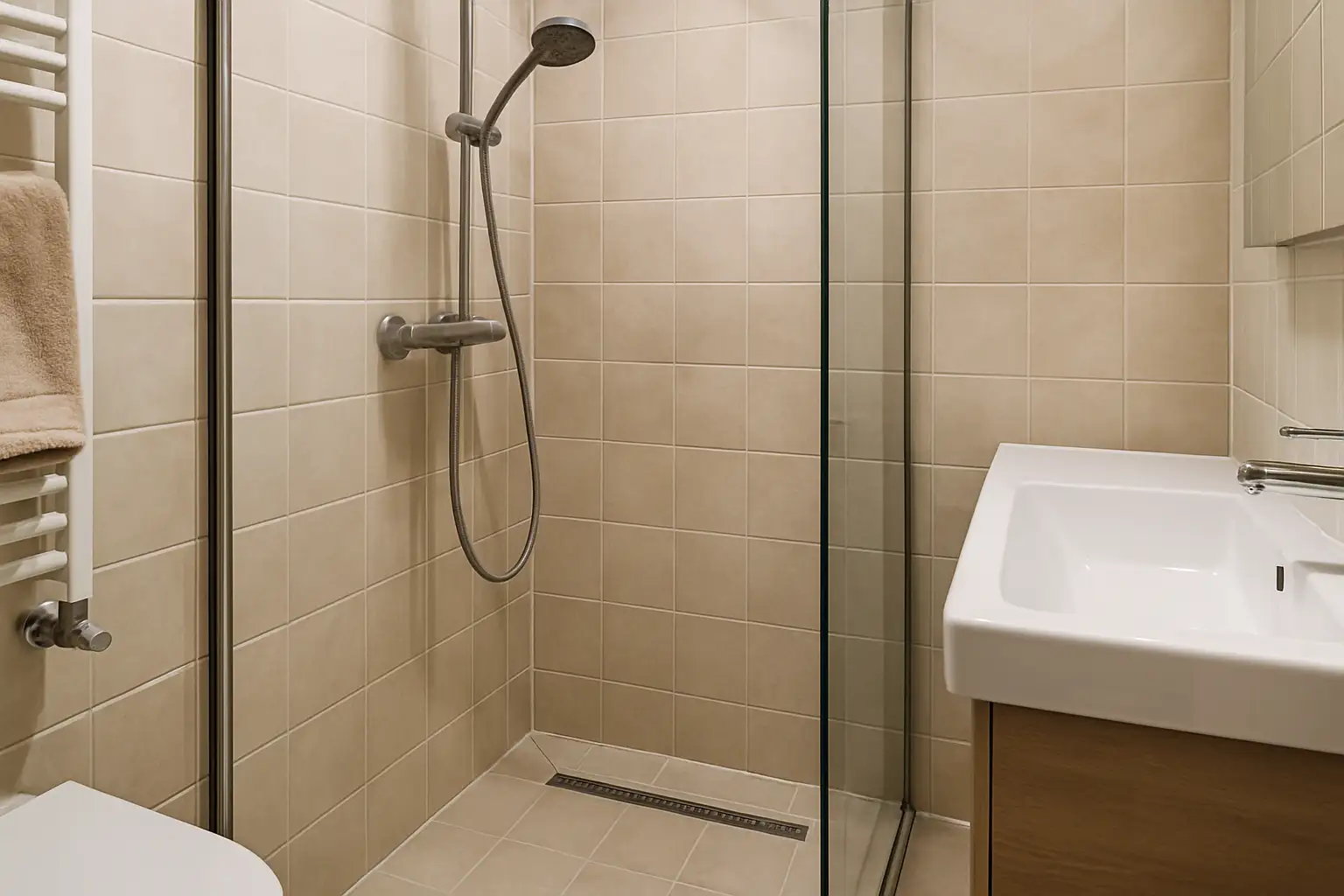 Szklana ścianka prysznica walk-in przy odpływie liniowym